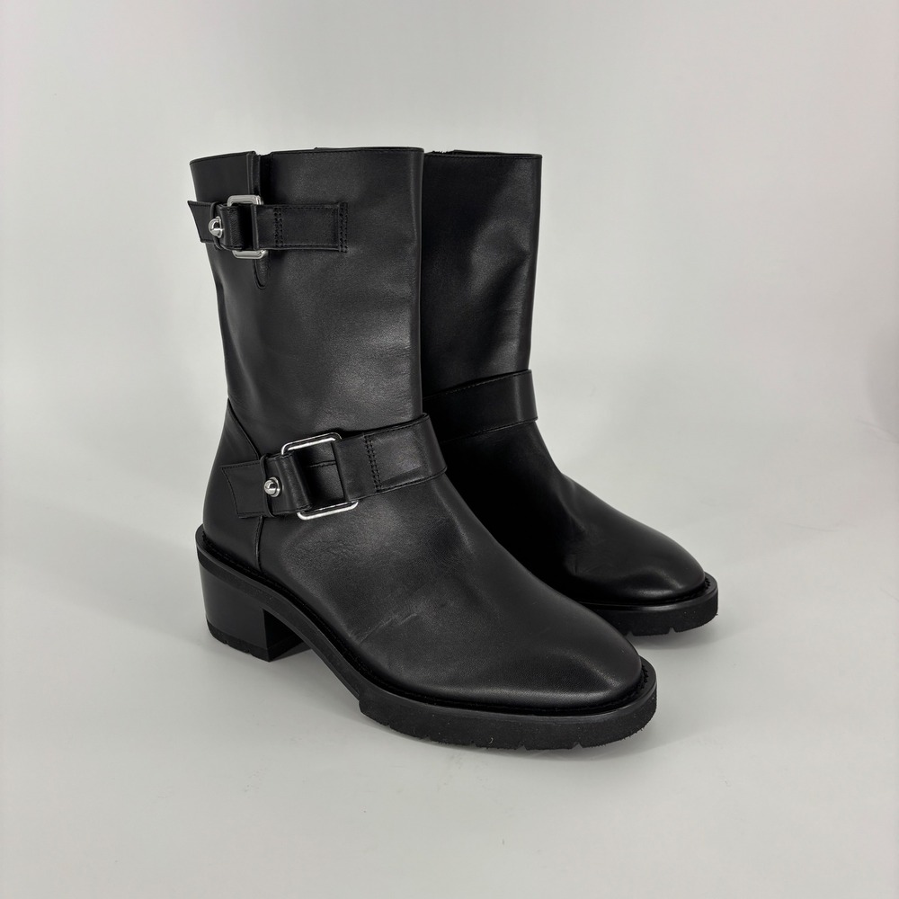 Stuart Weitzman Boulevard Leather Belted Ankle Boots Black Women Size 6 Lug Sole